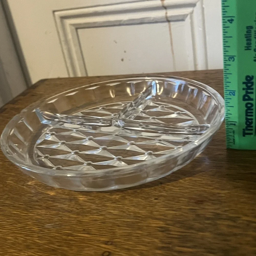 Vintage Round Glass 3 Section Divided Dish Diamond and Dots Pattern 7.25in